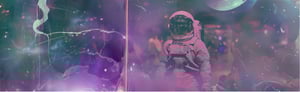 Surreal space scene with an astronaut in the foreground. The astronaut wears a white spacesuit and floats in a swirling, misty environment in shades of purple and pink. Stars, light reflections and an implied celestial body can be seen in the background. The atmosphere is dreamlike and psychedelic, with a mixture of reality and fantasy.