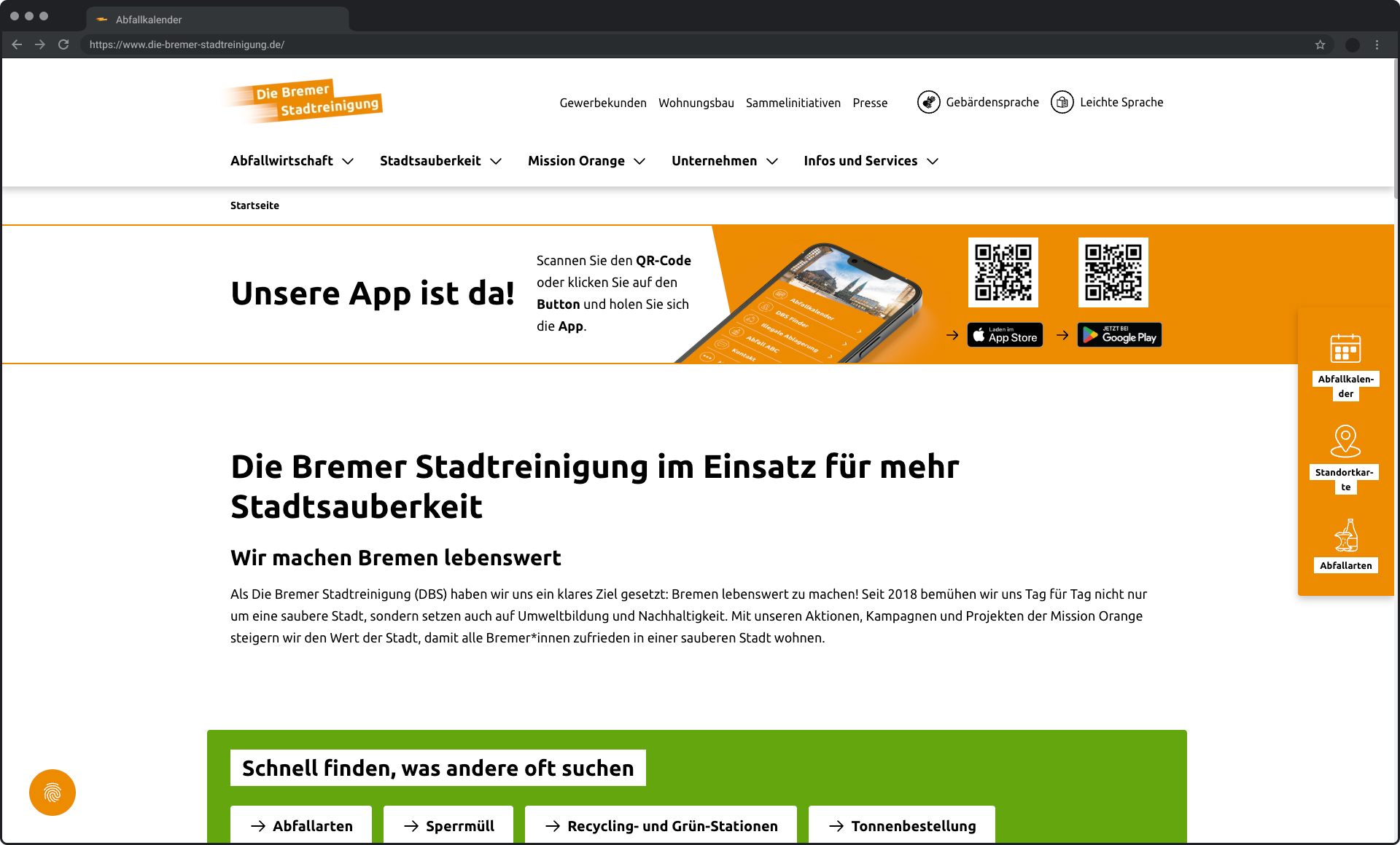 Screenshot der Website der Bremer Stadtreinigung