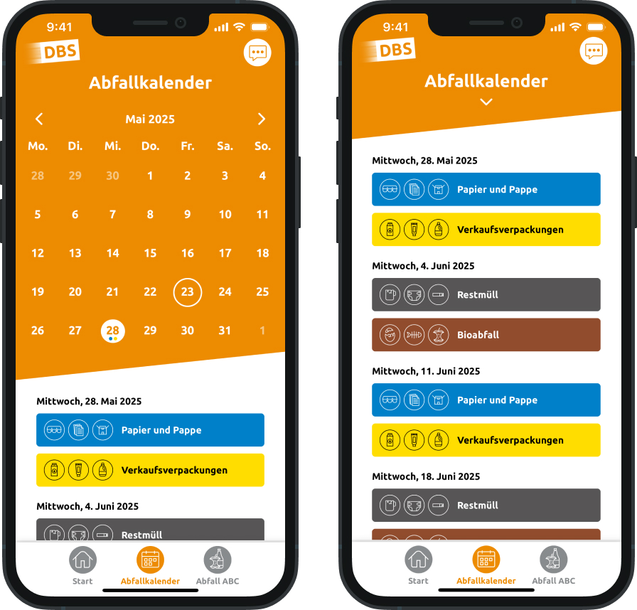 Ansicht der mobilen APP der Bremer Stadtreinigung