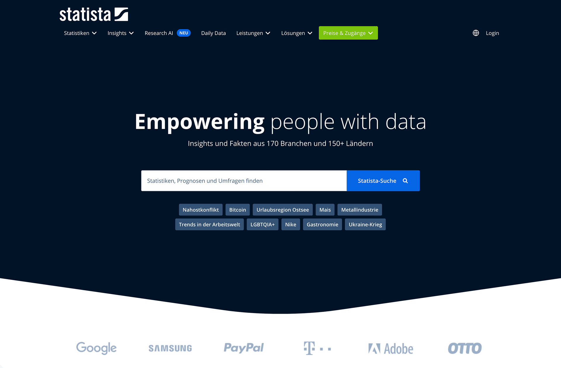 Die Startseite von Statista präsentiert eine Suchleiste zur Datenrecherche und bekannte Logos von Unternehmen.