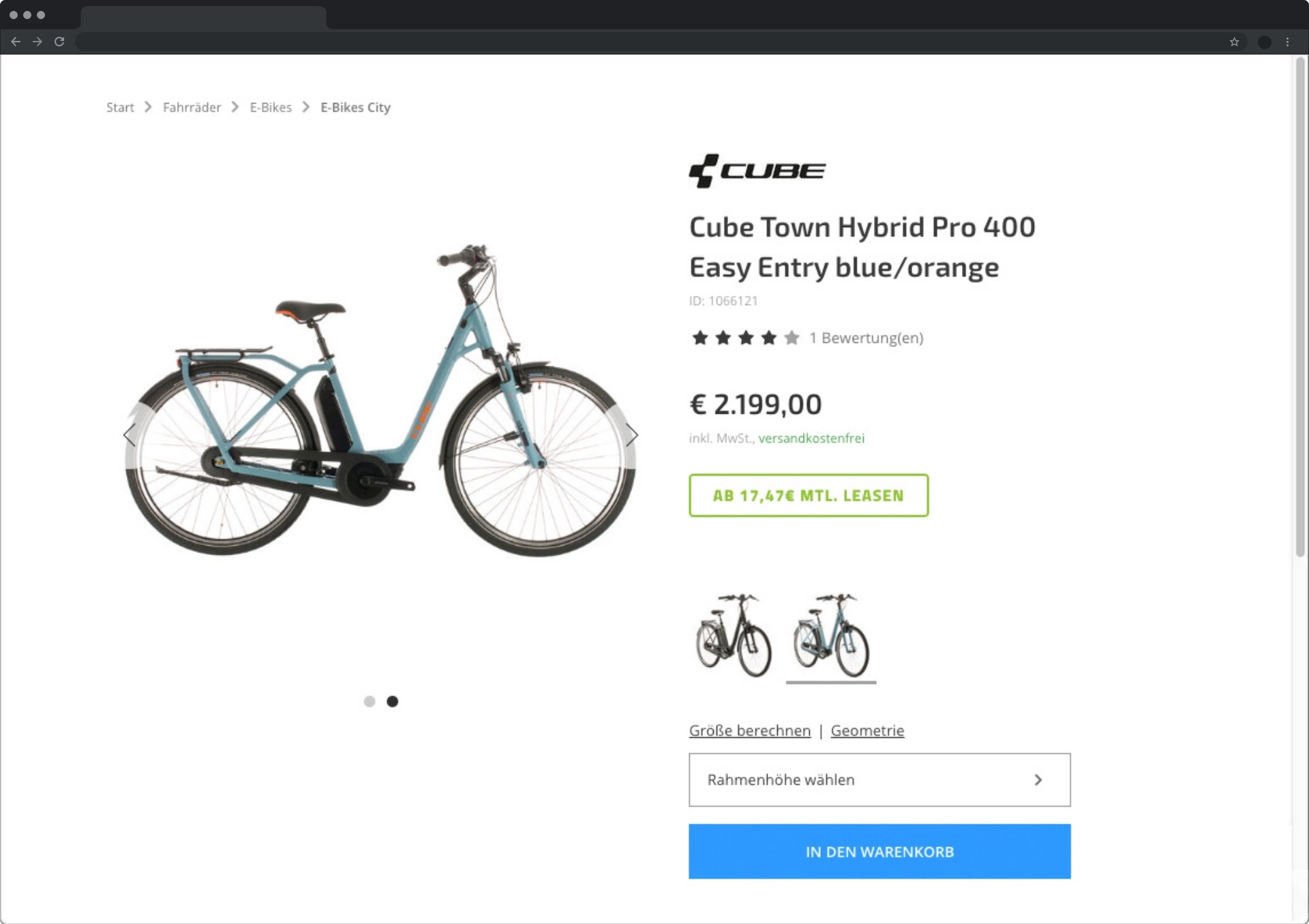 Screenshot einer E-Bike-Produktseite. Gezeigt wird das 'Cube Town Hybrid Pro 400' in der Farbkombination Easy Entry blue/orange. Das Hauptbild zeigt ein E-Bike mit tiefem Einstieg in türkisblauer Farbe. Der Preis beträgt 2.199,00 € mit der Option zum Leasen ab 17,47€ monatlich. Das Fahrrad hat eine 4,5-Sterne-Bewertung (1 Bewertung). Unter dem Hauptbild sind zwei kleinere Produktbilder als Galerie zu sehen. Die Seite enthält auch eine Dropdown-Auswahl für die Rahmenhöhe und einen blauen 'IN DEN WARENKORB' Button. Das CUBE-Logo ist über dem Produktnamen platziert.