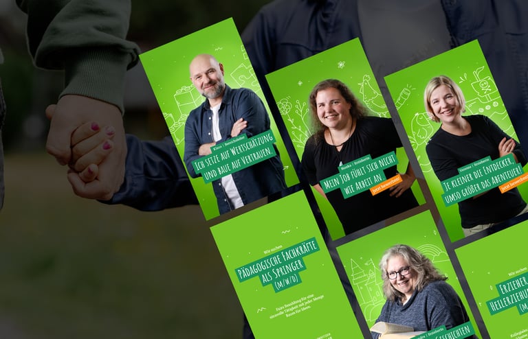 Mitarbeiter des Kinderdorfs Uslar in grünen Social Ads mit Zitaten und Jobangeboten.