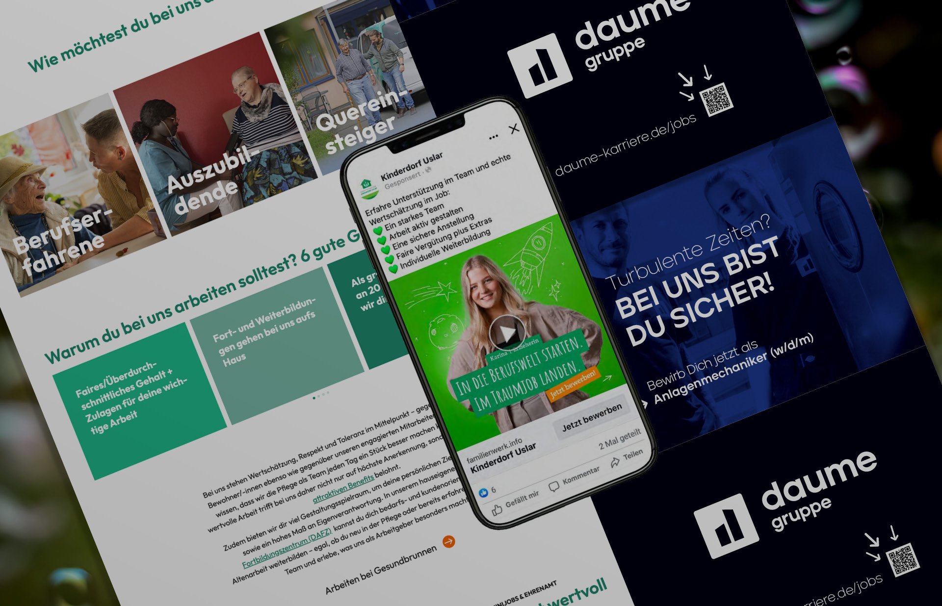 Collage mit Referenzen: Website, Social-Media-Post und Plakat mit Stellenanzeigen.