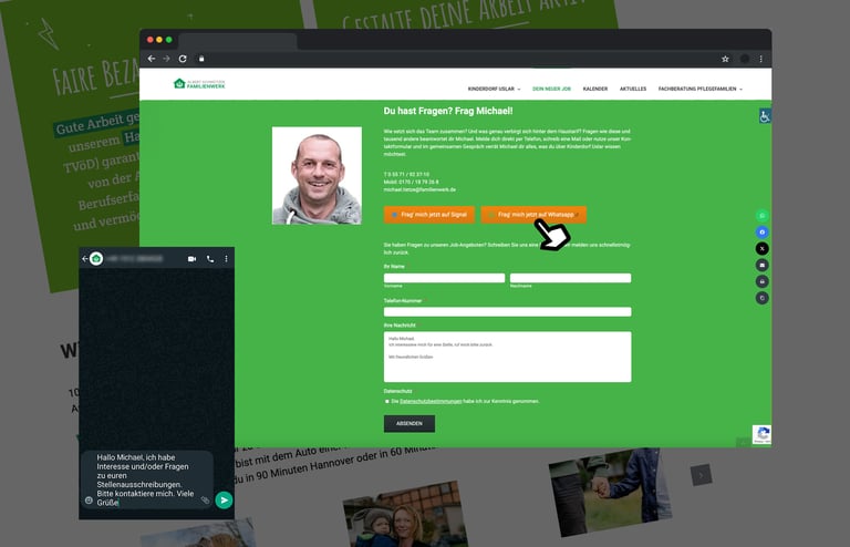 Kontaktseite von „Michael“ mit Foto, Kontaktdaten, Formular und Buttons für Signal und WhatsApp.