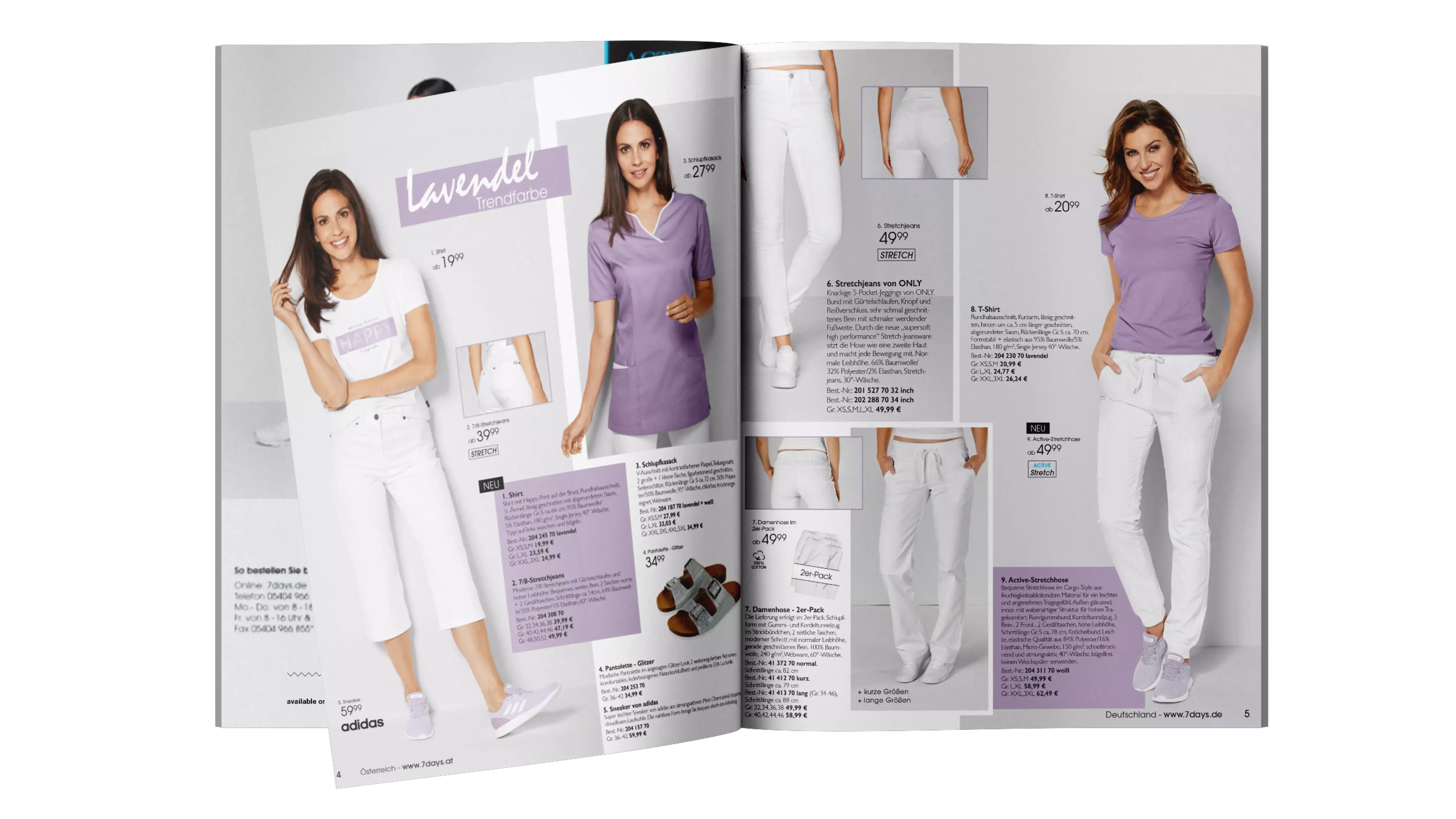 Aufgeschlagener Katalog mit mehreren Fotos von Frauen in weißer Hose und lila Oberteilen sowie Produktbeschreibungen und Preisen.