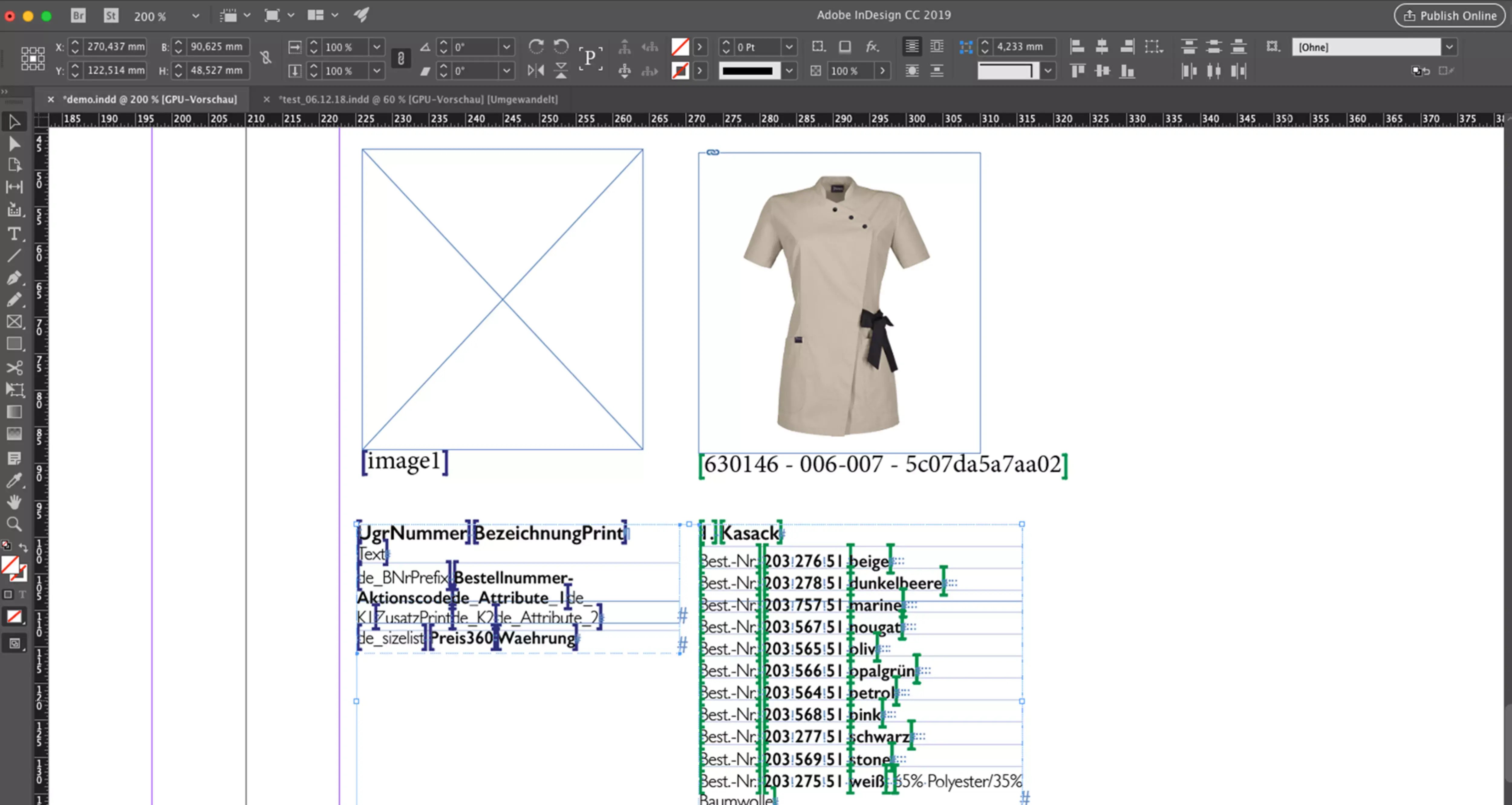 Screenshot einer EasyCatalog-Arbeitsfläche mit einem Layout, das eine Polohemd-Abbildung und Textfelder mit Produktinformationen zeigt