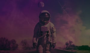 An astronaut stands on a street under a purple sky, surrounded by a surreal, dreamlike landscape.
